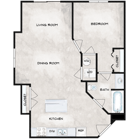 Floor plan for 1 bed, 1 bath, 688 sqft